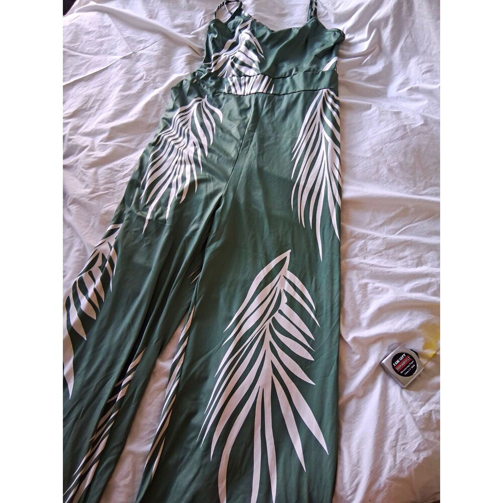 Women’s Size M Green/White Palm Tropical Wide-Leg Spaghetti Strap Jumpsuit